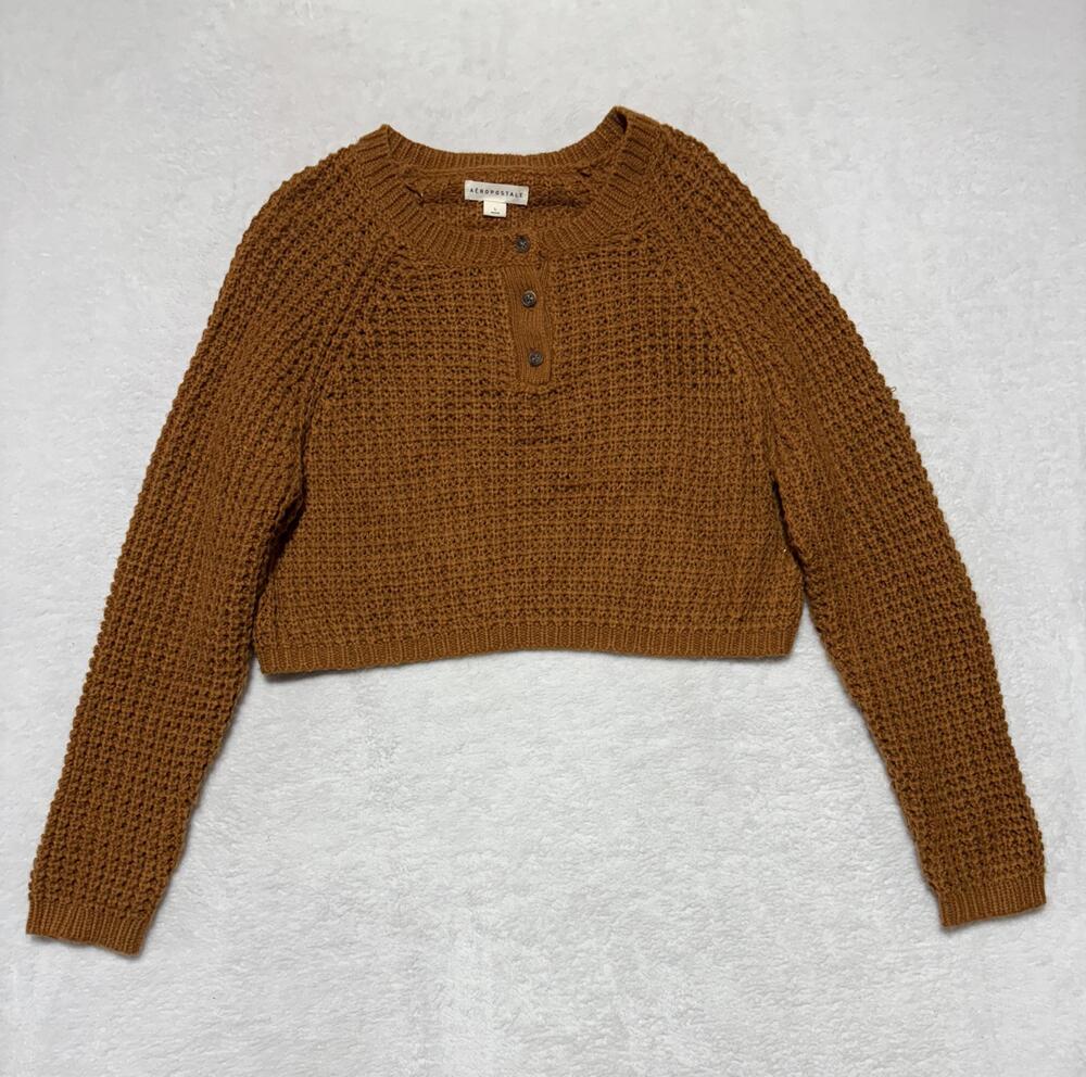 Aeropostale Sweater Womens Large Brown Cropped Waffle Knit Henley Pullover